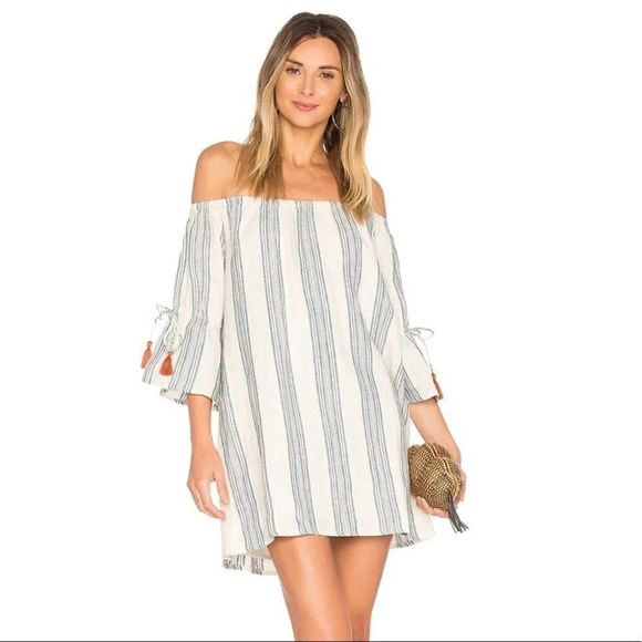 Revolve Tularosa Sara Mini Dress Chambray Striped Off The Shoulder Linen - Picture 3 of 16
